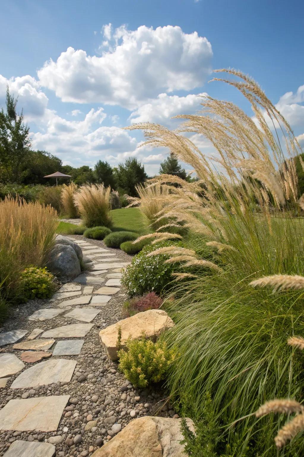 Stone pieces give a natural look to lawn grasses.