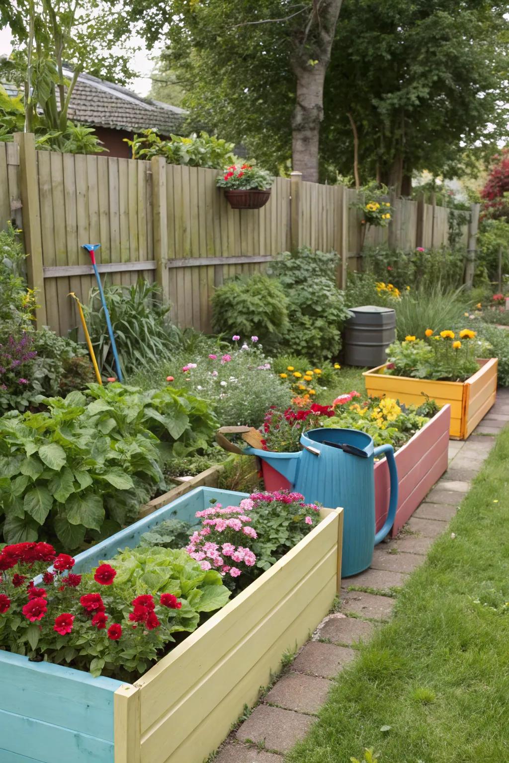 Pots and elevated beds demarcate this garden border.