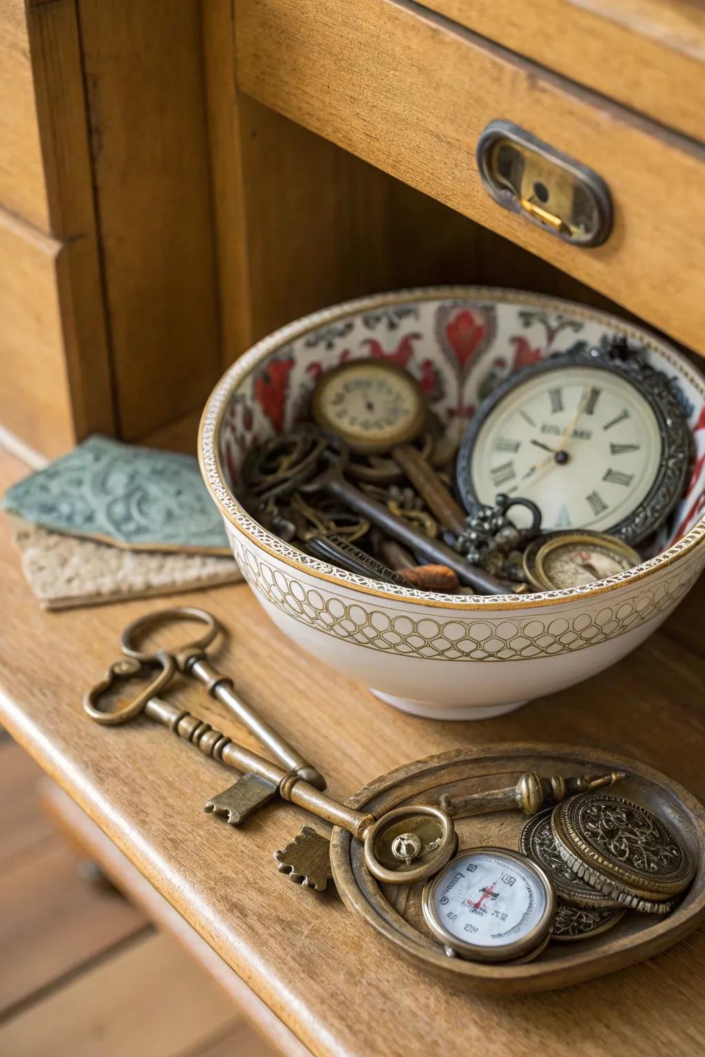 A vintage bowl showcasing old keys and watches for a nostalgic touch