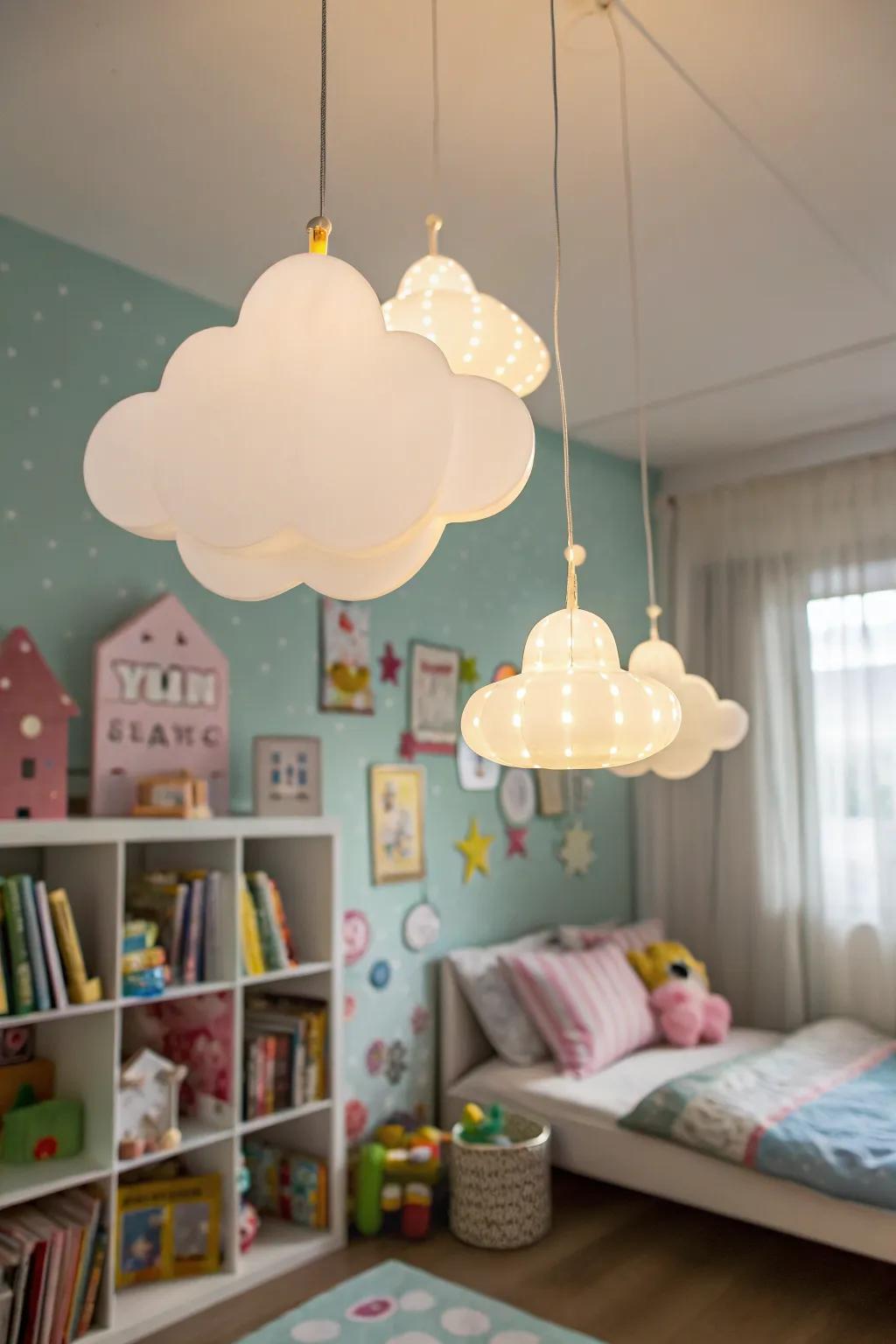 Whimsical illumination such as cloud-shaped lamps adds magic to the space.