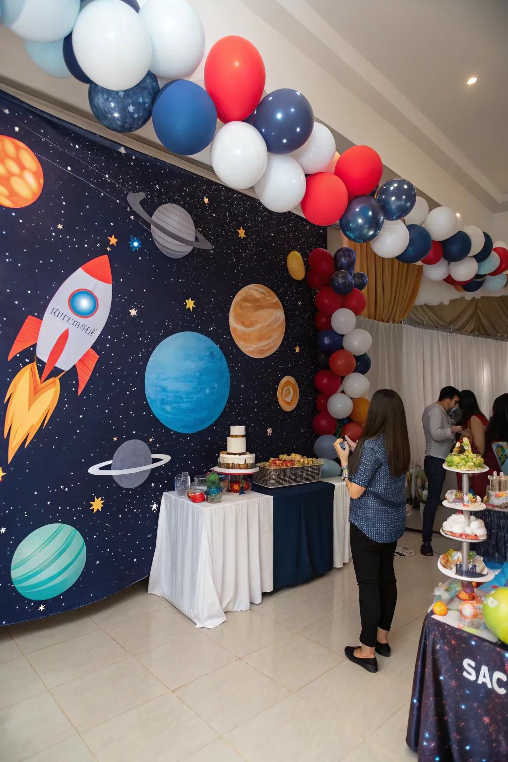 A space-oriented baby shower utilizing heavenly and cosmic elements
