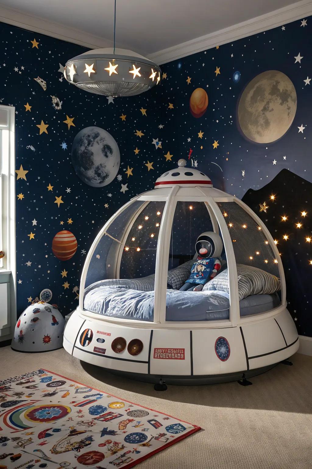 Blast off to slumber in a cosmonaut's compartment canopy bed.