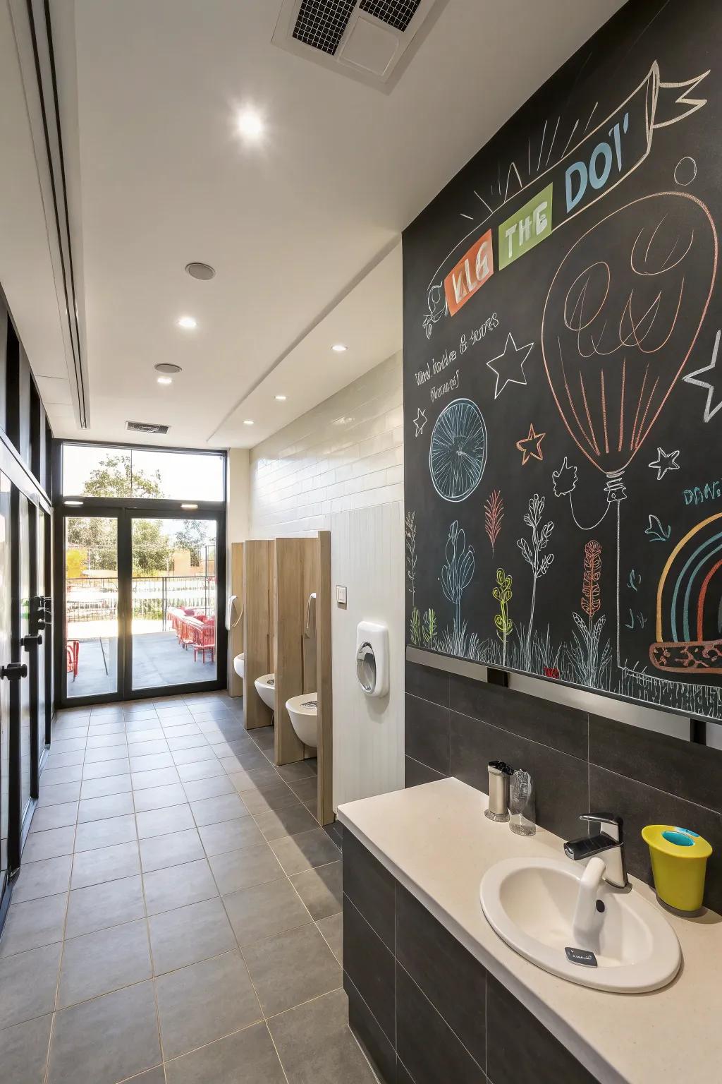 A chalkboard wall fosters creativity in a boys' bathroom.