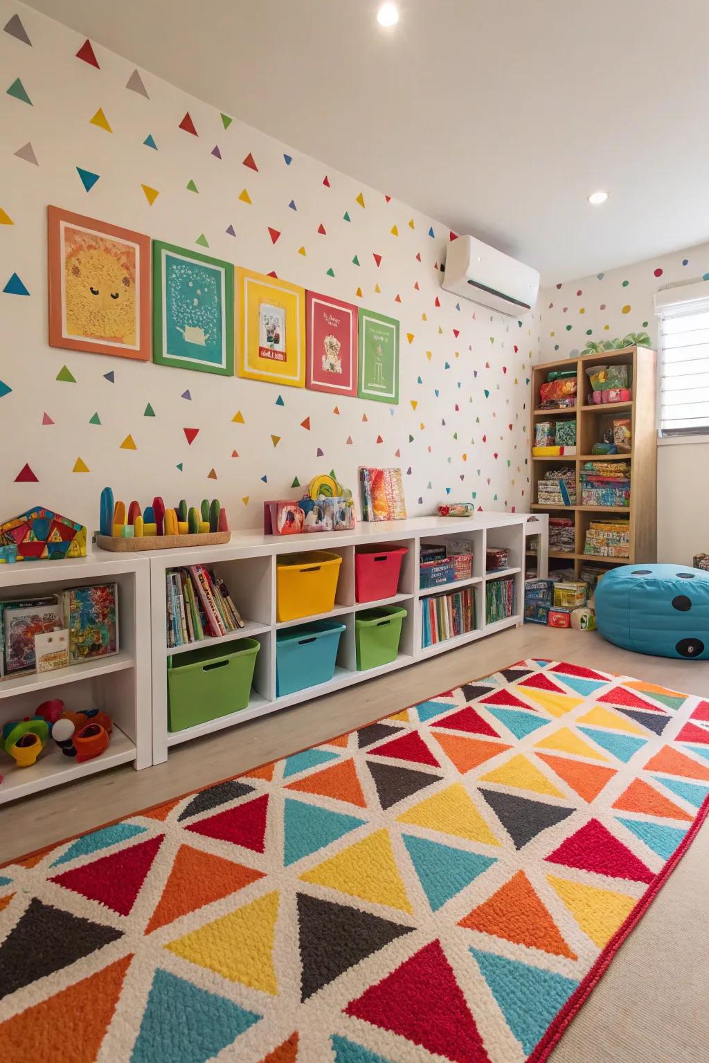 Audacious shades and designs imbuing dynamism and entertainment to the playroom.