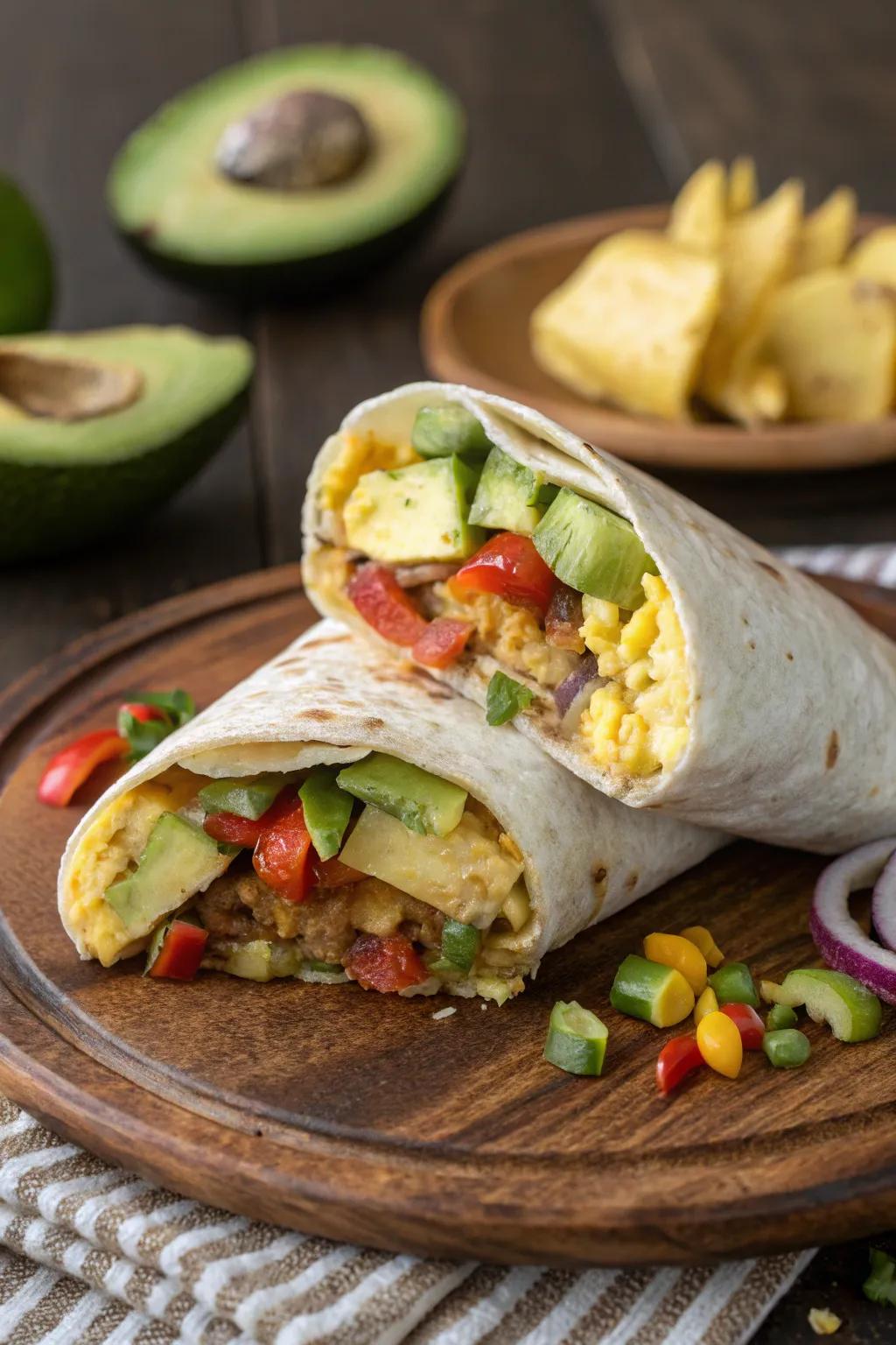 A hearty breakfast burrito filled with fresh vegetables.