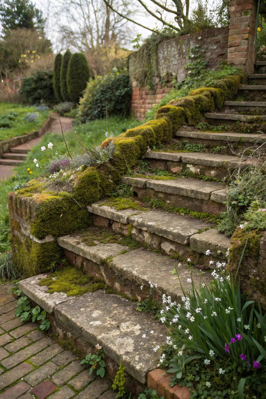 Weathered brick steps radiating timeless charm.