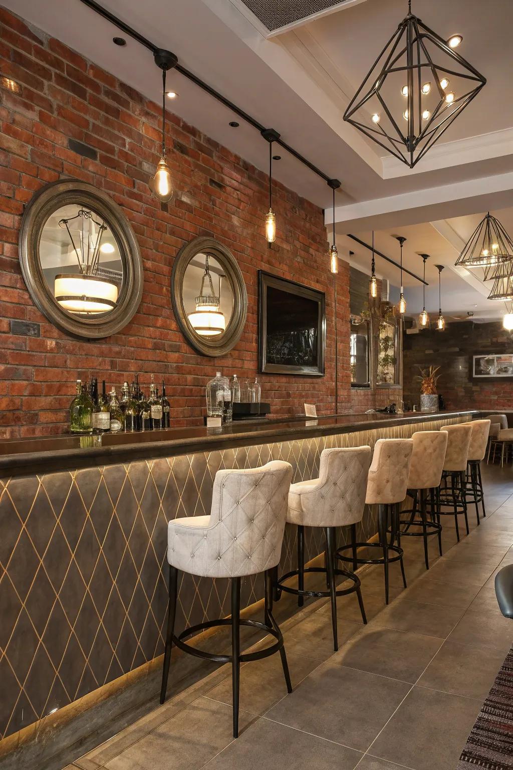 Mirrored accents amplify the spacious sensation of a brick wall bar.