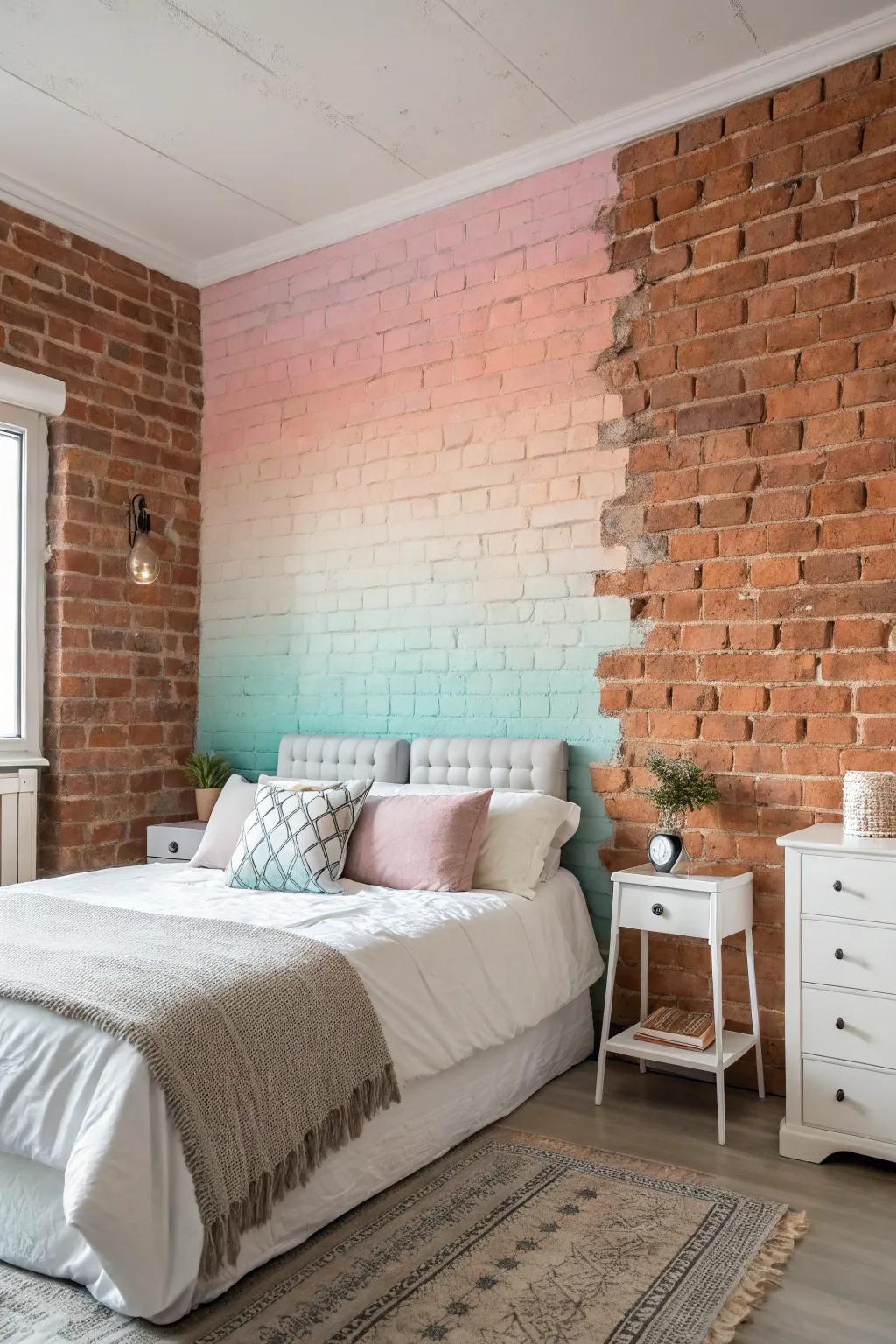 A pastel gradient mural adds a calming ambiance to a brick wall.