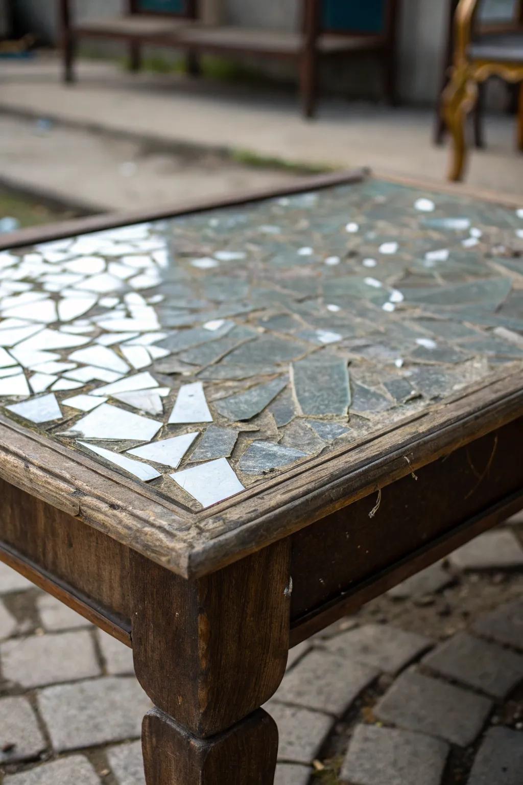 A mirror-covered tabletop gives new life to old furniture.