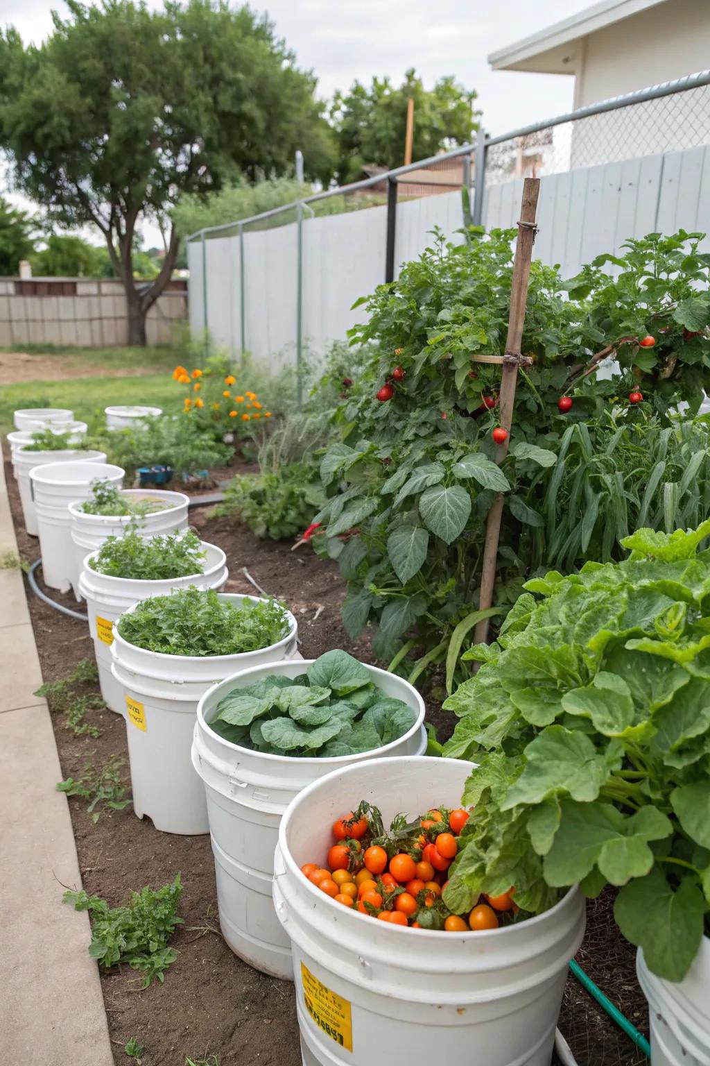 A variety of vegetables prospering in 5-gallon buckets.