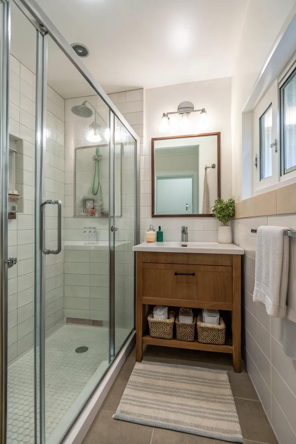 A walk-in shower with glass doors opens up this small bathroom.