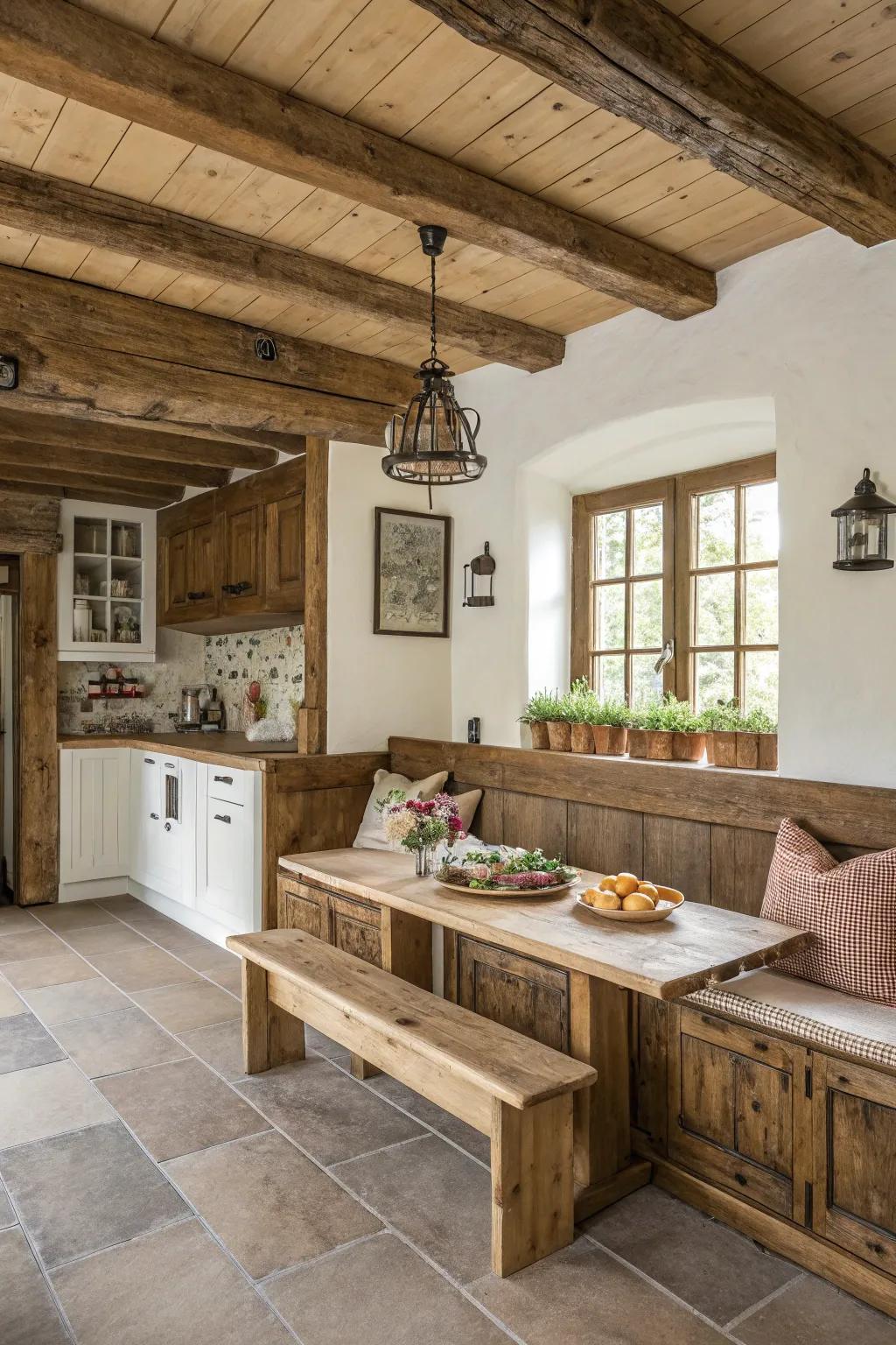 Imbue rustic warmth with wooden bench seating.