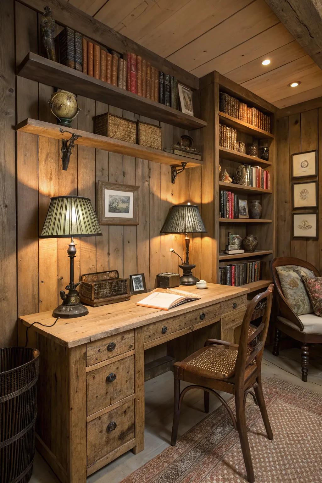 A country getaway with a warm and welcoming built-in desk.