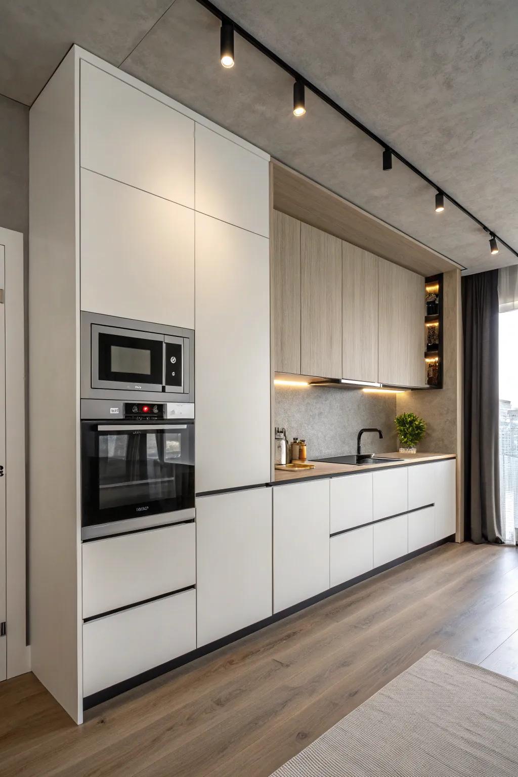 A minimalist cooking area using an effortlessly integrated microwave.