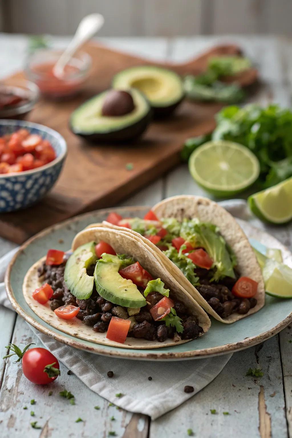 Spicy black bean tacos, bursting with flavor and easy to assemble.