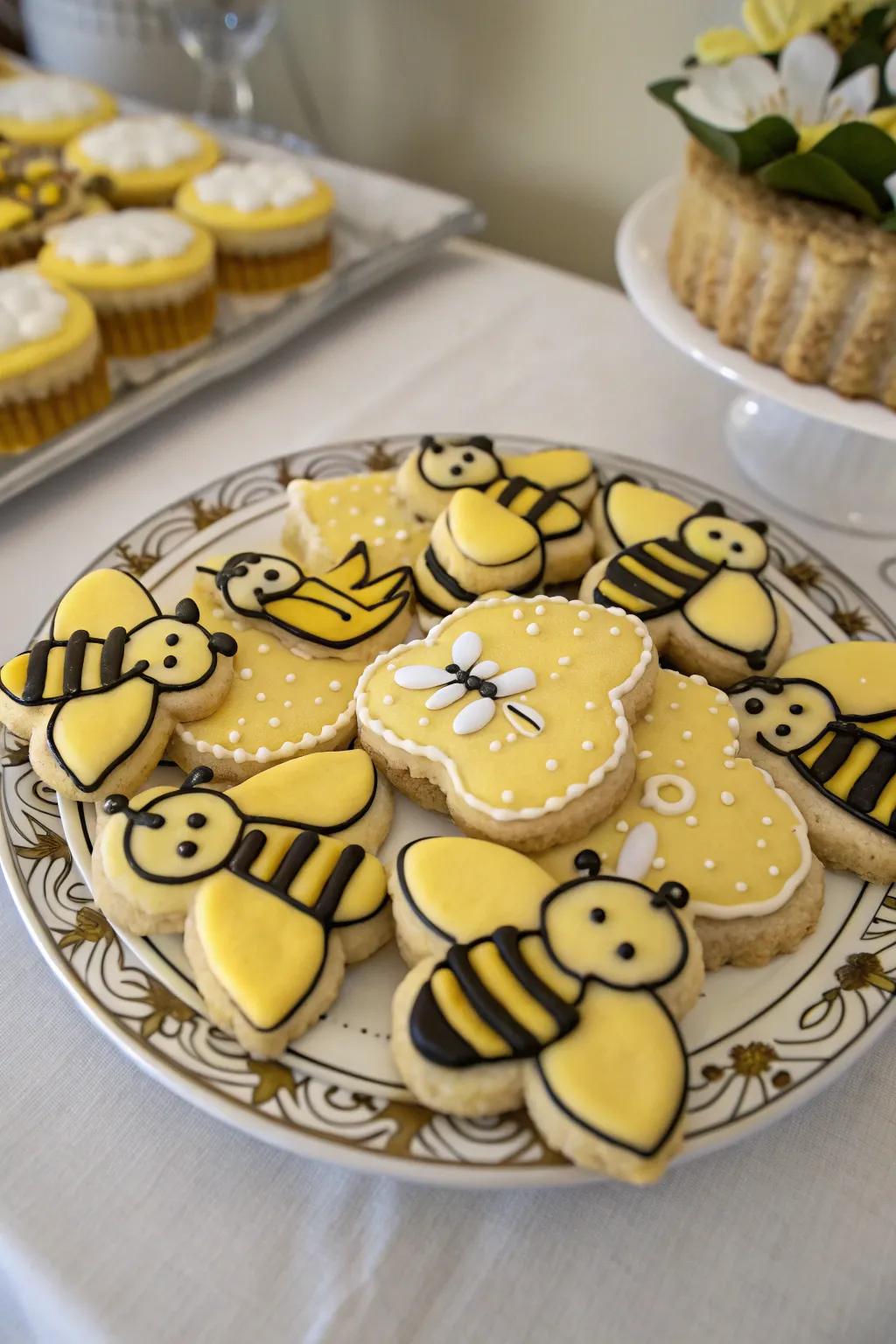 Lovingly designed bee pastries ready to savor.