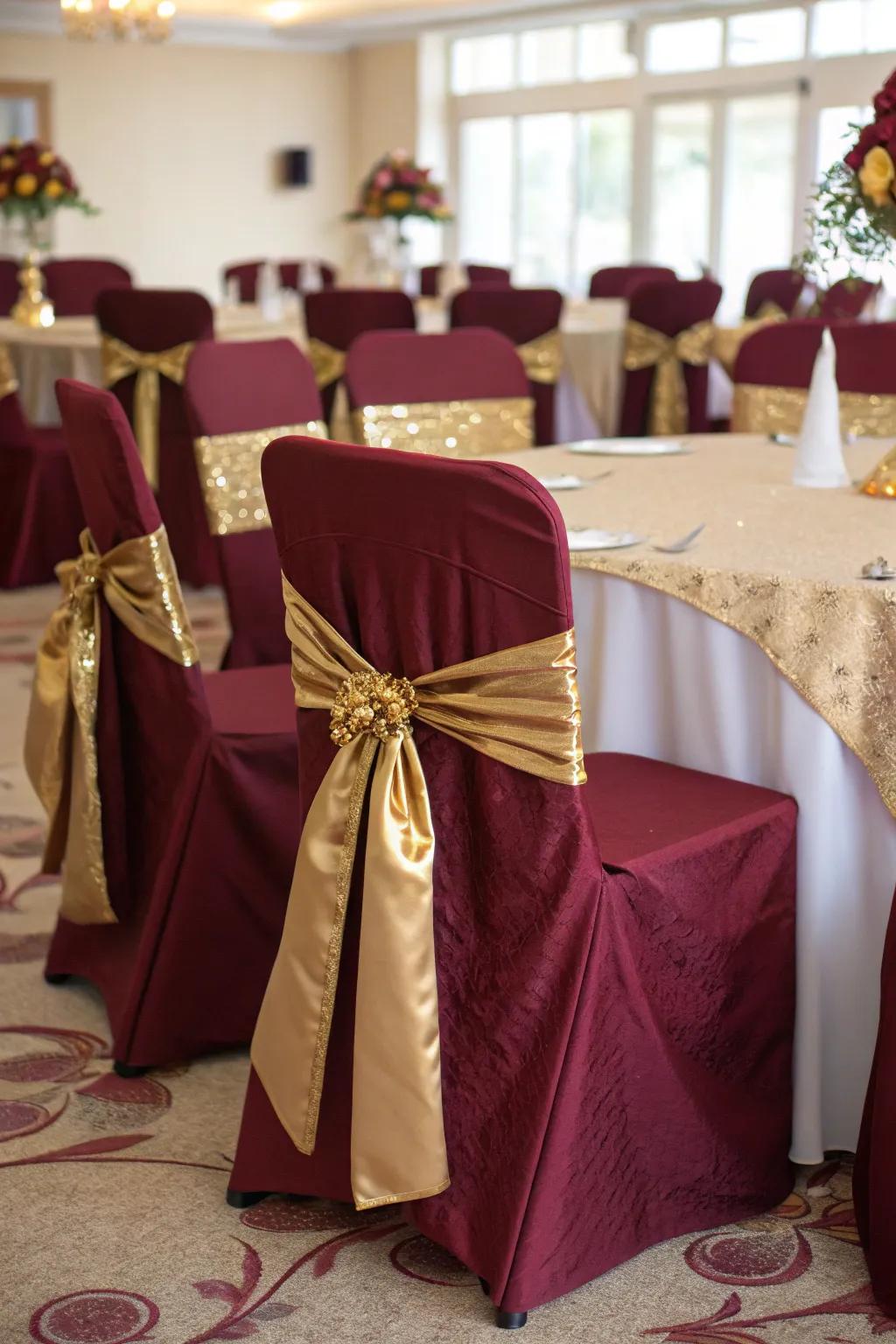 Appealing seating covers in deep red and gold introduce a dash of elegance to your seating.