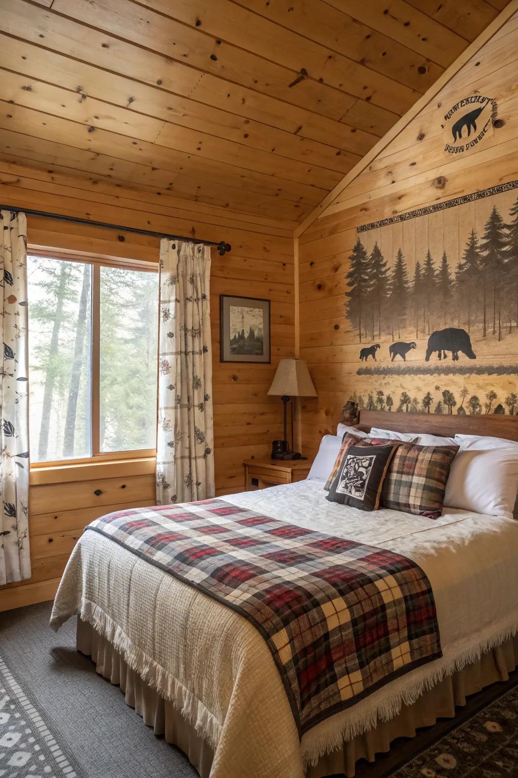 A cabin bedroom featuring nature-centric decor and animal-themed designs.