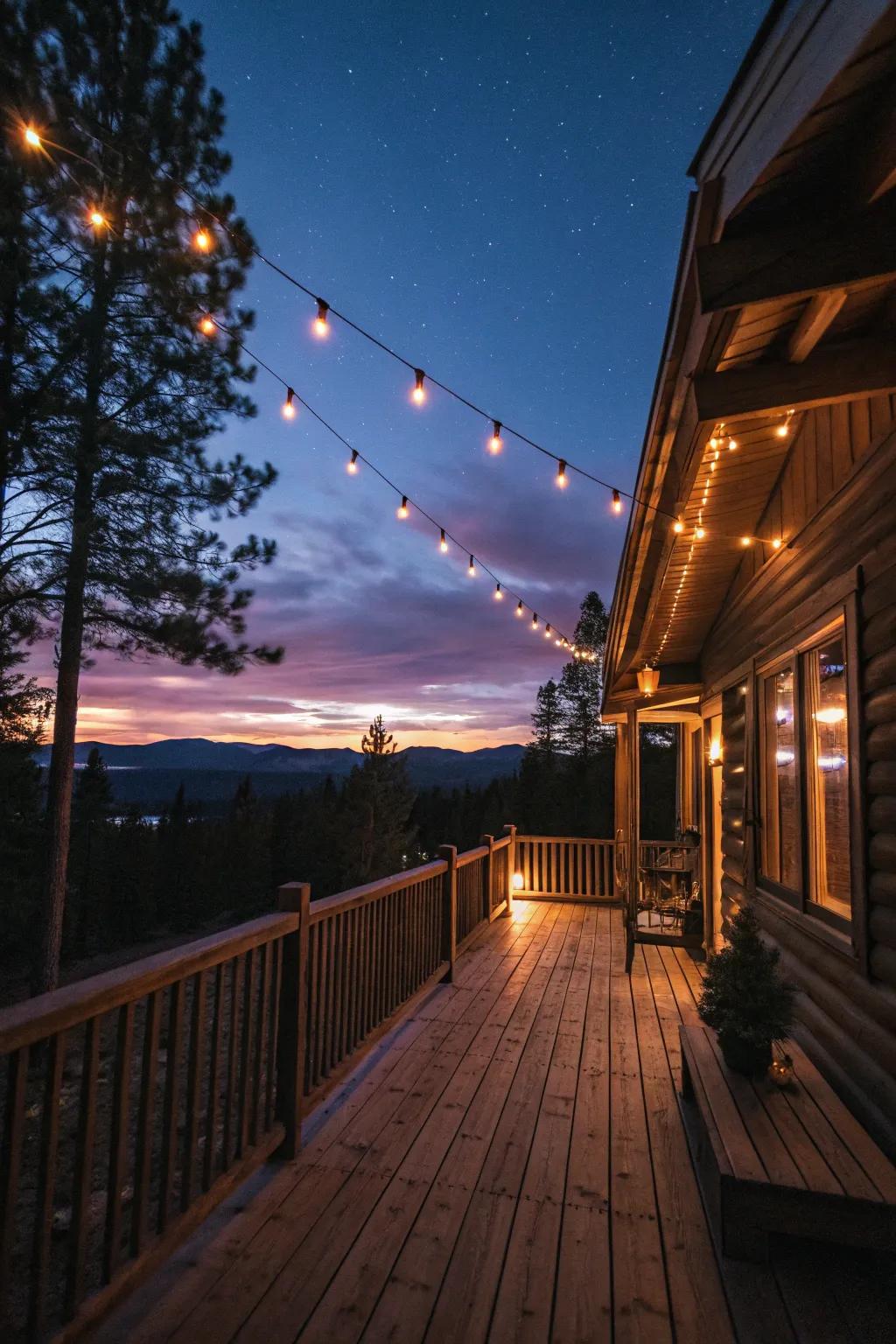 String lights casting a warm glow over the deck.