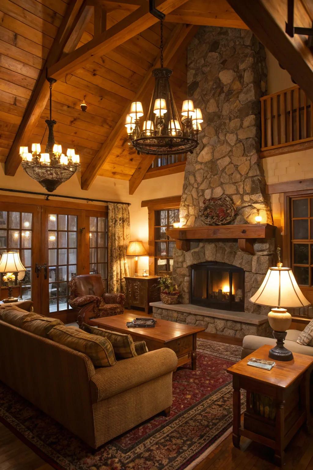 Warm lighting enhances depth and coziness in the cabin interior.