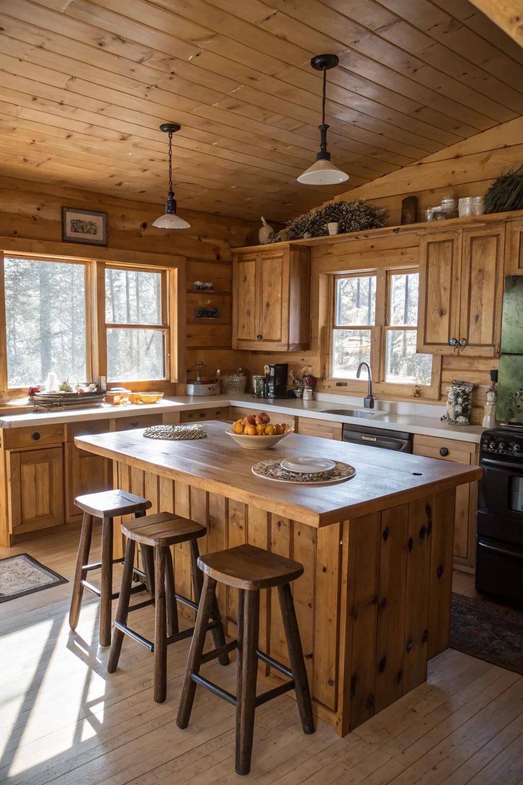 An integrated dining area enhances the social aspect of a cabin kitchen.