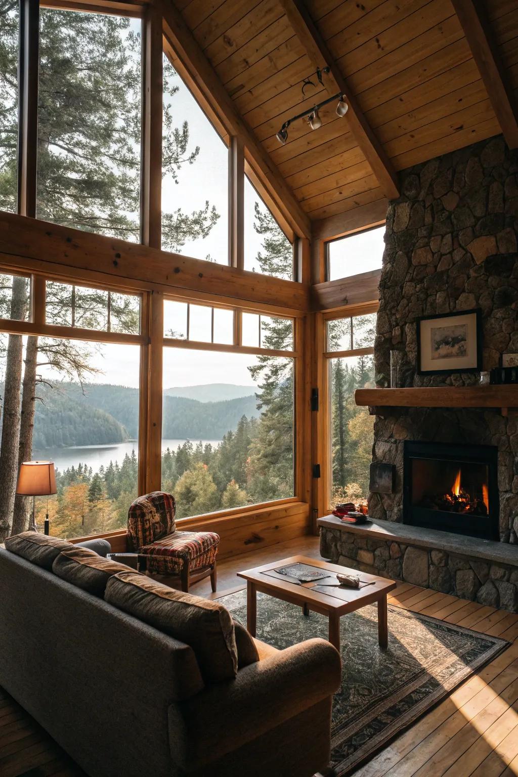 Large windows inside a cabin's living space maximize sunlight.