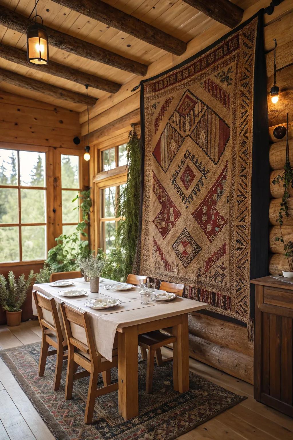 A woven tapestry functioning as a function wall surface in the eating location.