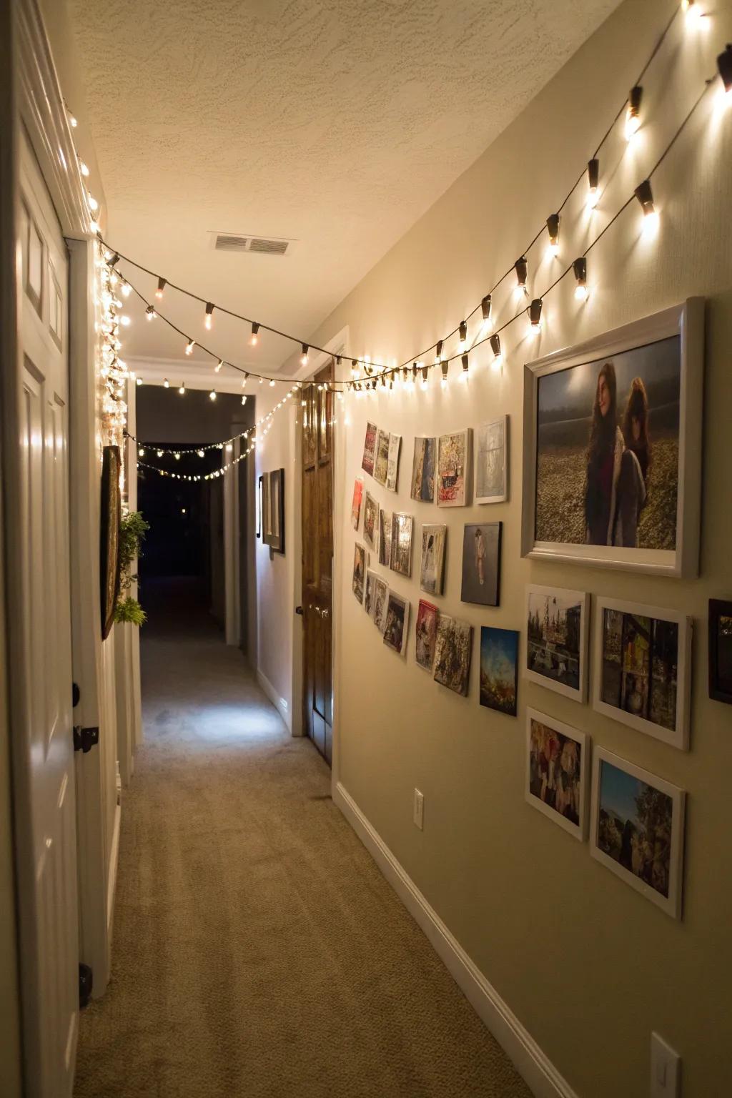 Transform your hallway into a gallery via strategically positioned cable lighting.