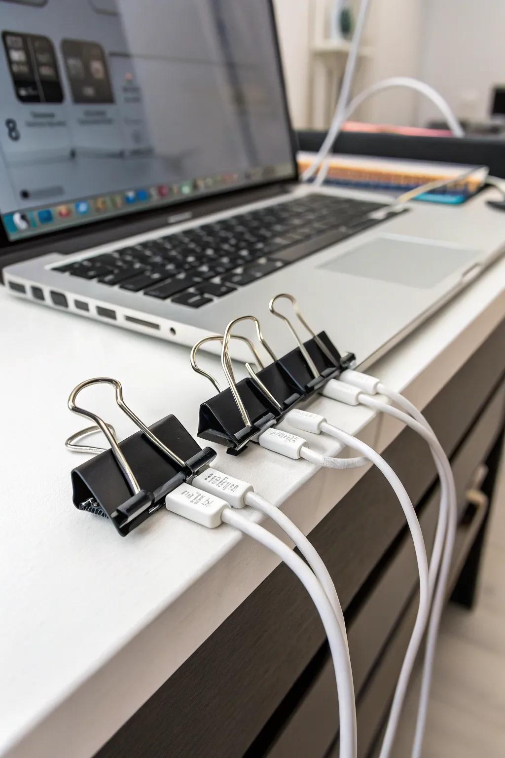 Binder clips keeping cables organized on a desk surface.