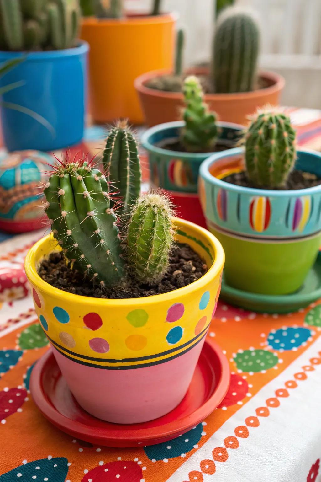 Colorful ceramic pots add a playful touch to cactus displays.