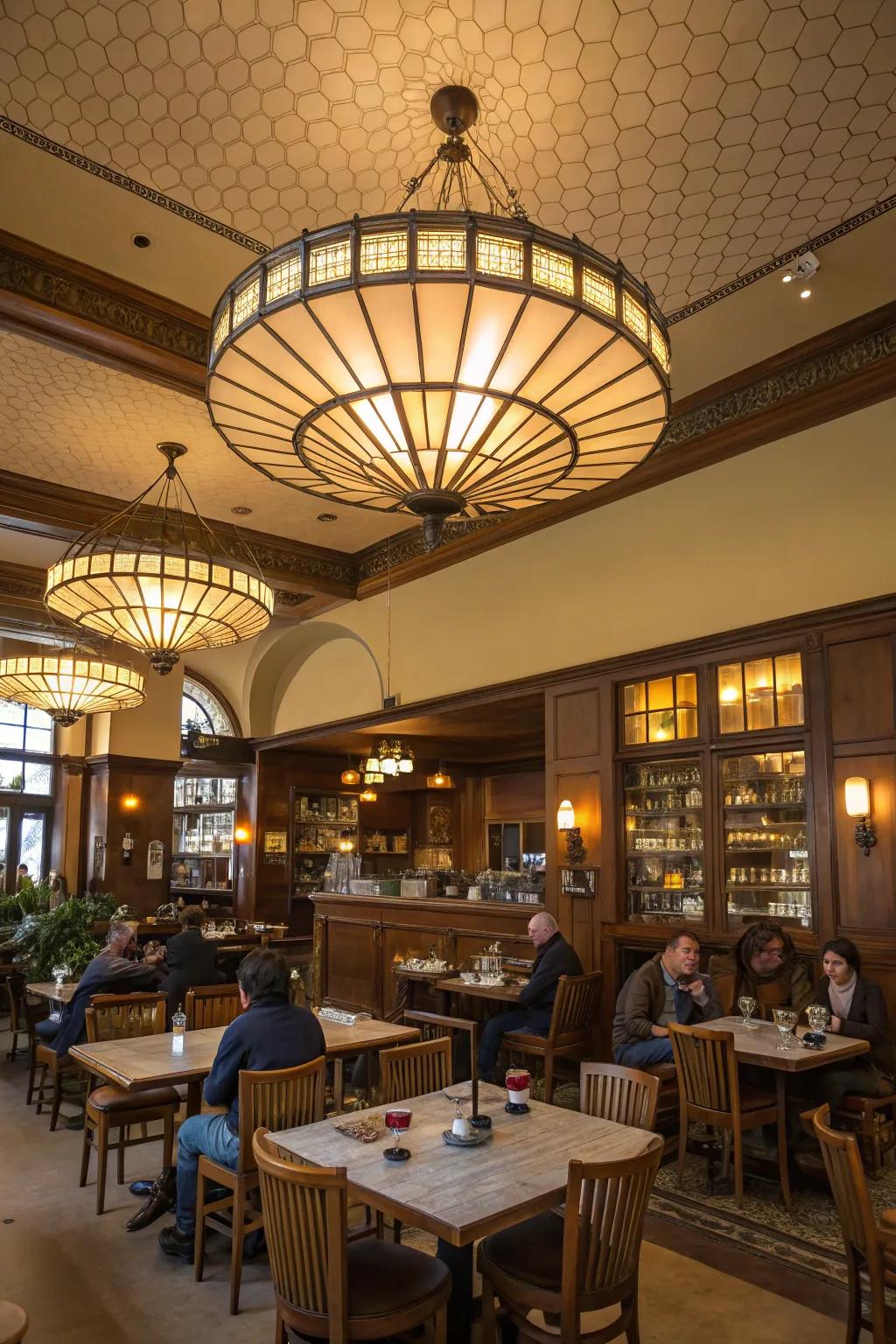 A cafe featuring a stunning overhead installation that introduces spectacle and sophistication.