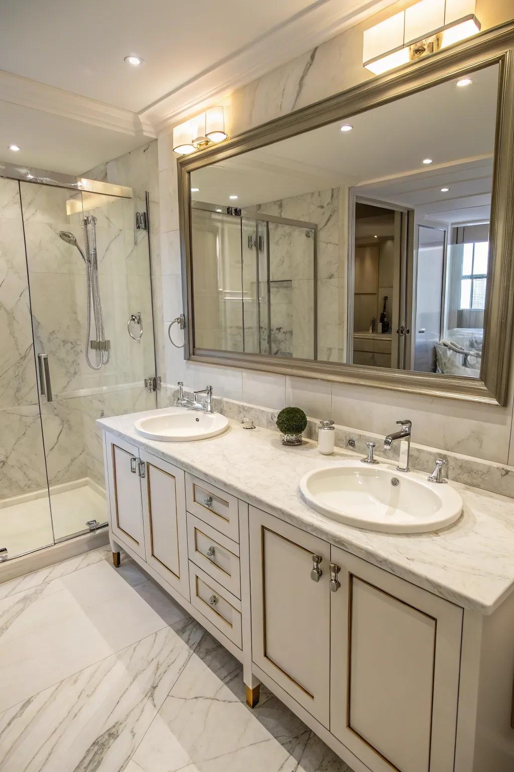 A functional and beautiful double vanity with Ivory Coast marble countertops.