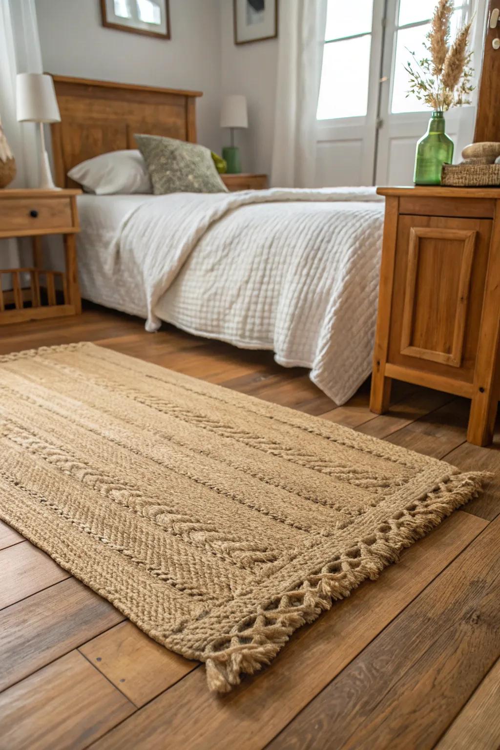 Bedroom design featuring a textured jute rug on wooden flooring for warmth.