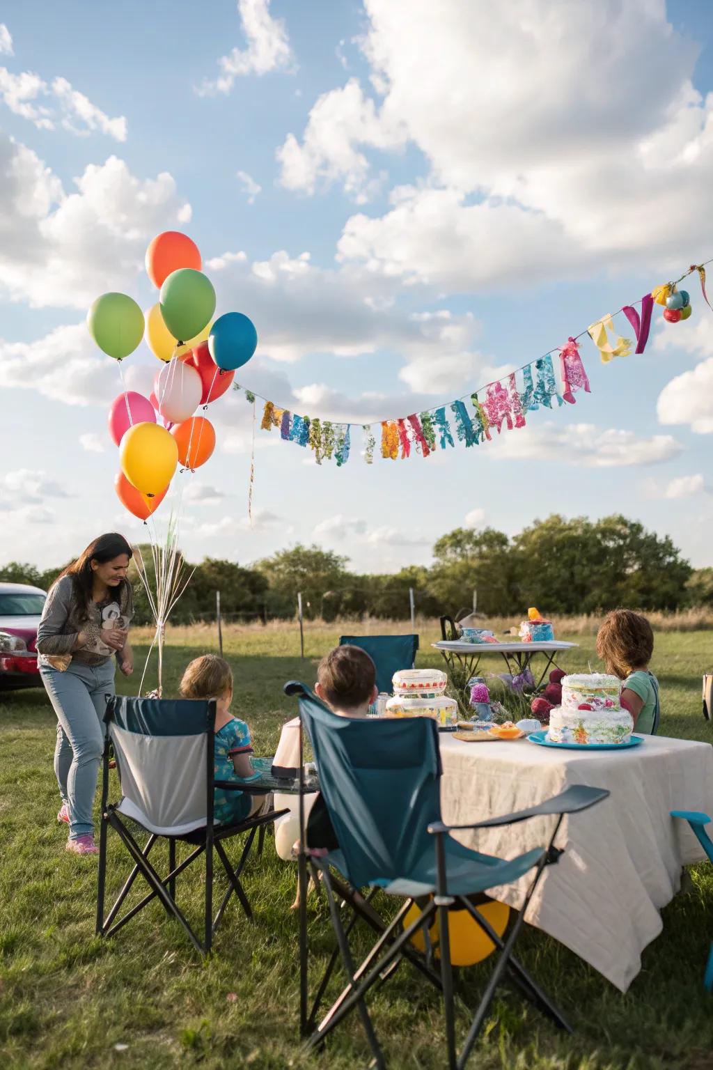 A cozy outdoor picnic setup perfect for a camping birthday.