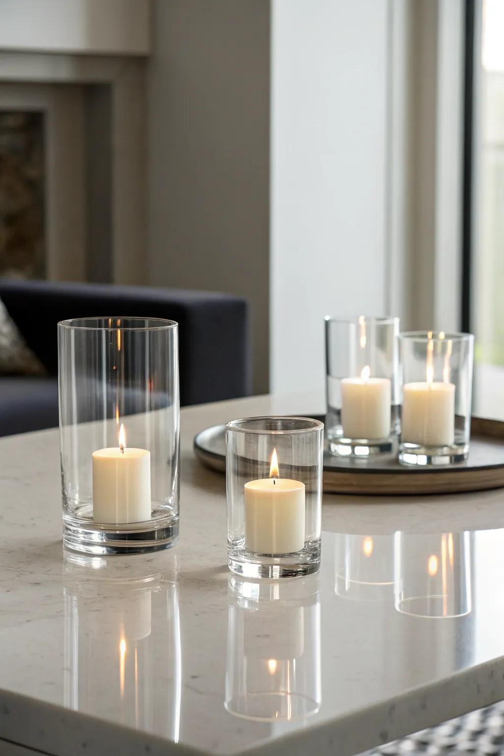 Modern elegance presented by understated transparent candle lanterns.
