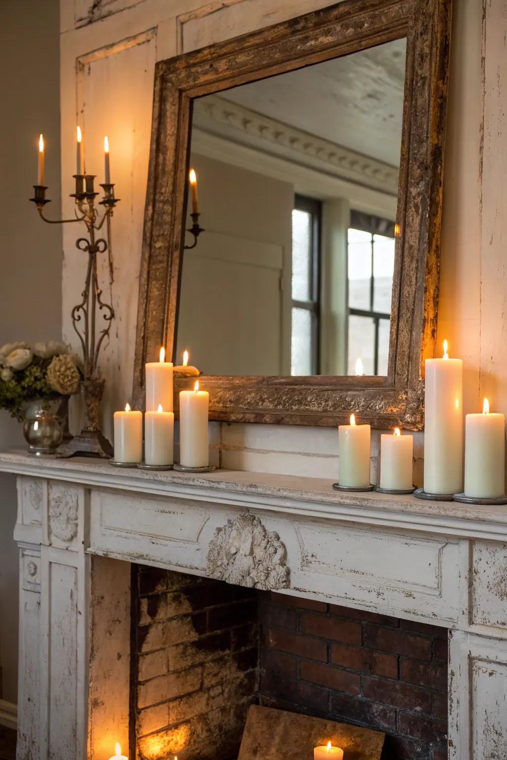 Distressed mirrors paired with candles for vintage chic.