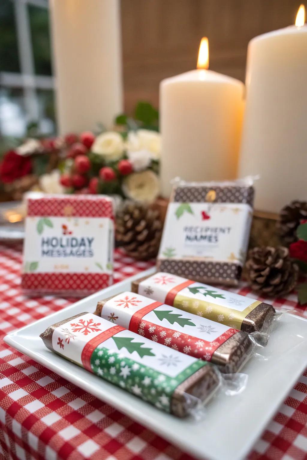 Sweets bearing individualized emblems contribute a sincere sentiment to holiday gifting.