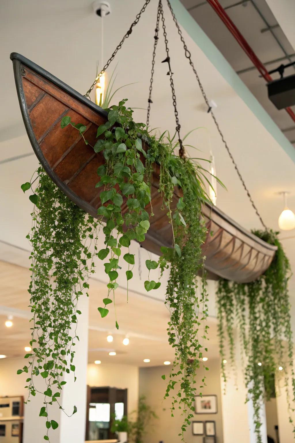 An interior suspended canoe planter creates a floating green retreat.