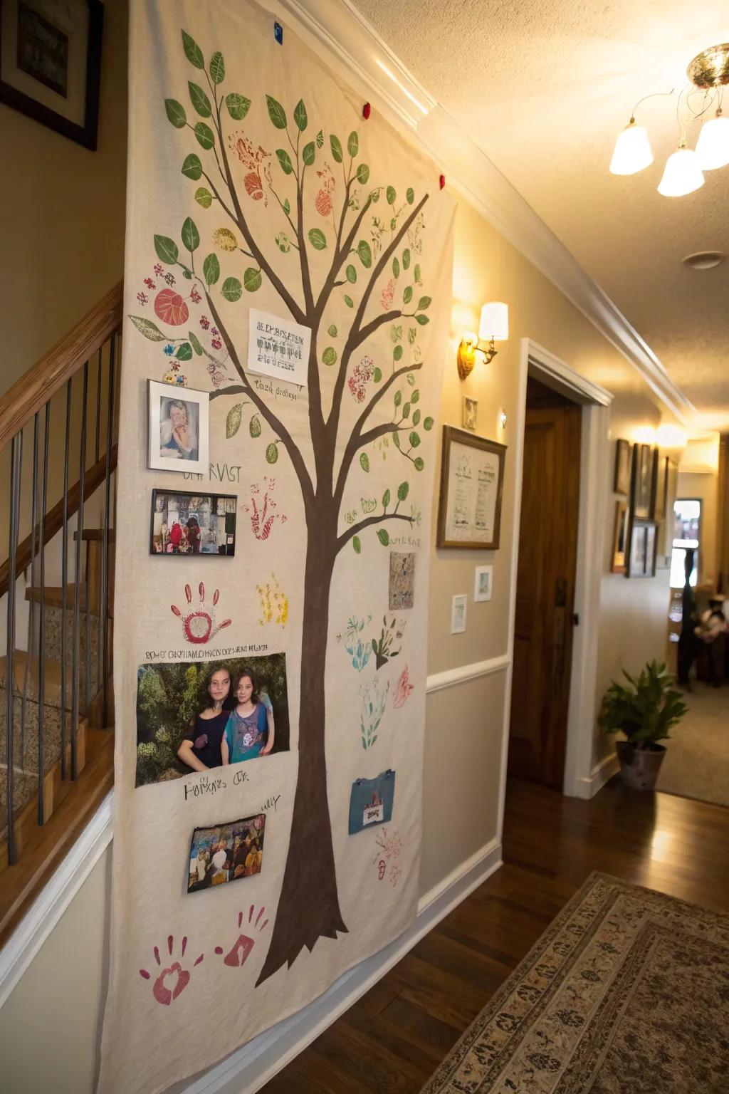 Personalized family tree canvas in a hallway