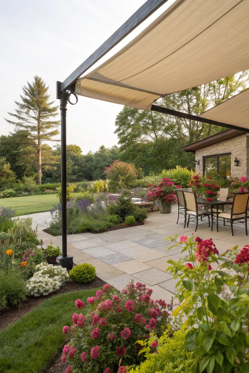 Smoothly incorporate textile overlays with garden greenery.