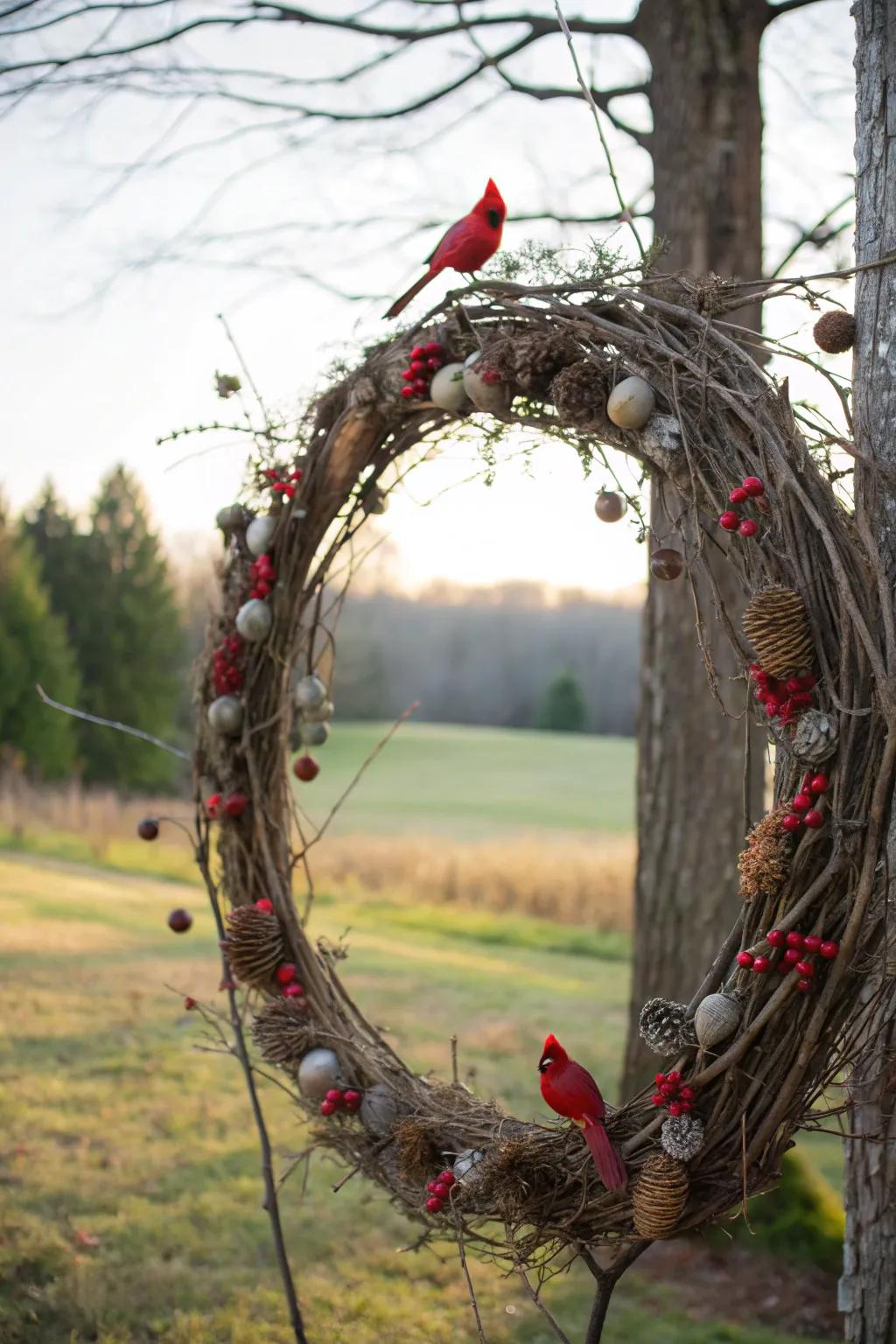 A nature-inspired wreath with cardinals and earthy elements.