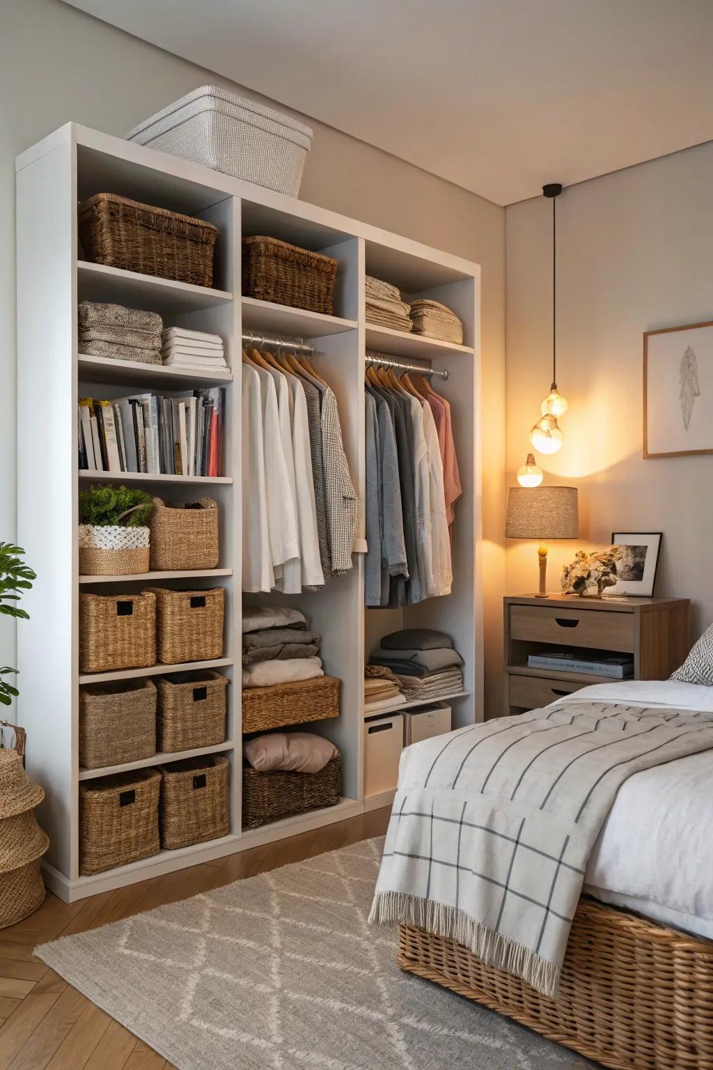 Fashionable storage keeps the space organized.