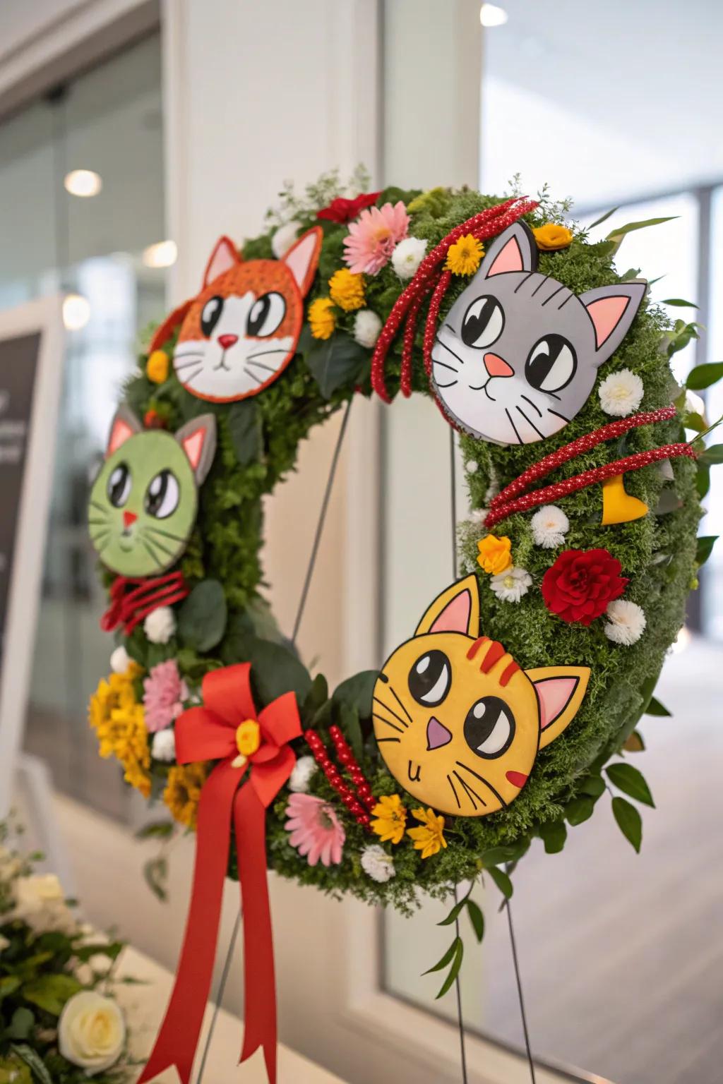 A whimsical animated kitty face wreath for a fun vibe.