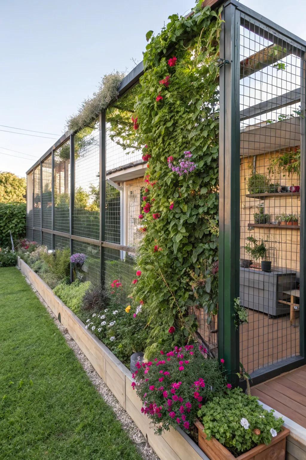 An abundant upright garden inside a catio, creating a dazzling and interactive setting for cats.