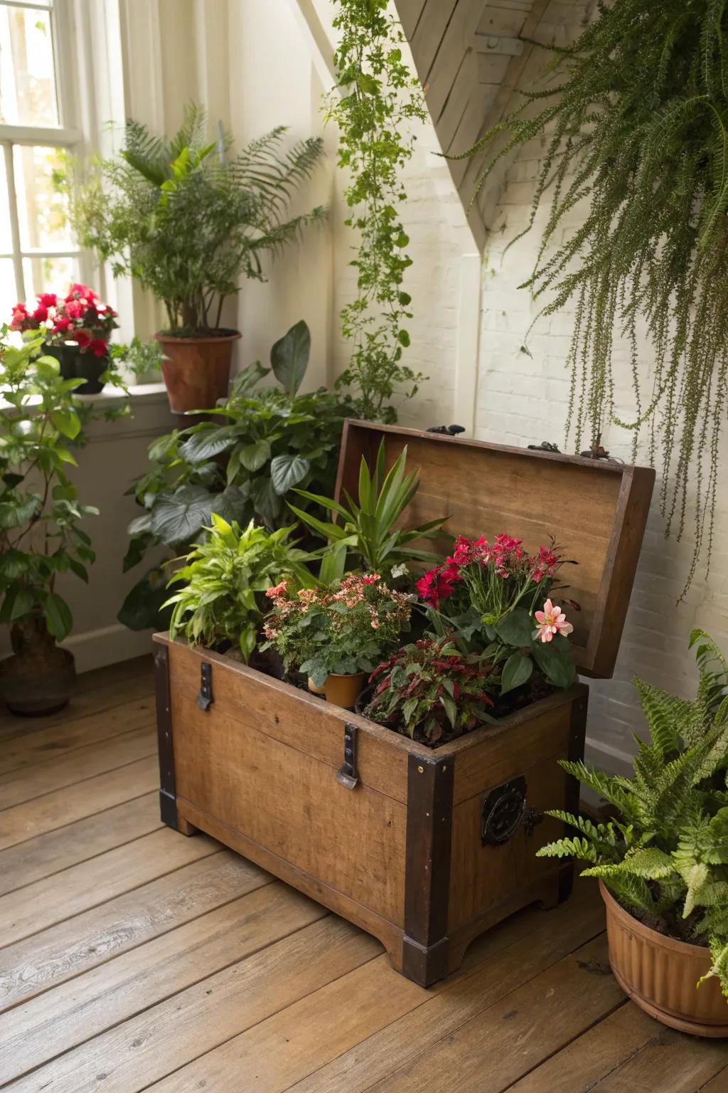 An antique storage chest evolves into a rich display for your cherished plants.