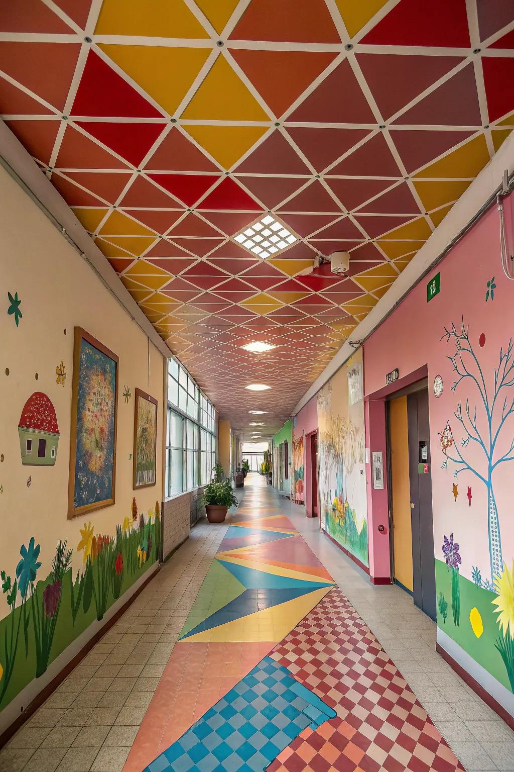 Introduce playful motifs via geometric ceiling textures.