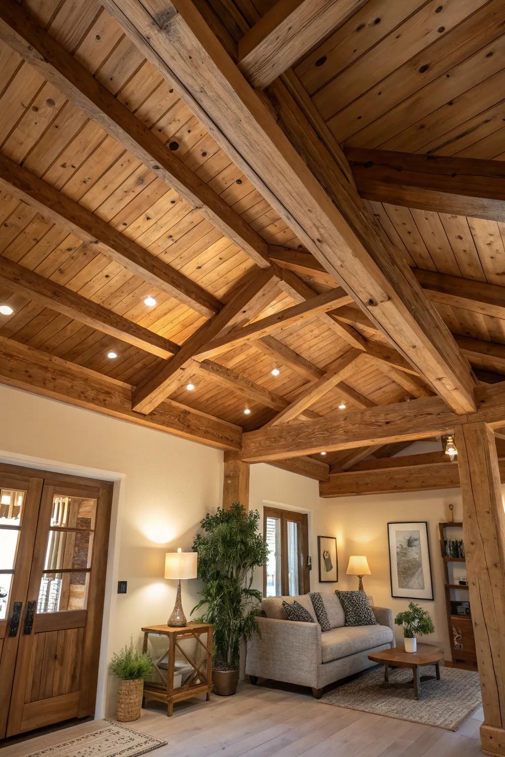 A room with natural wood accents adding an earthy vibe to the ceiling.