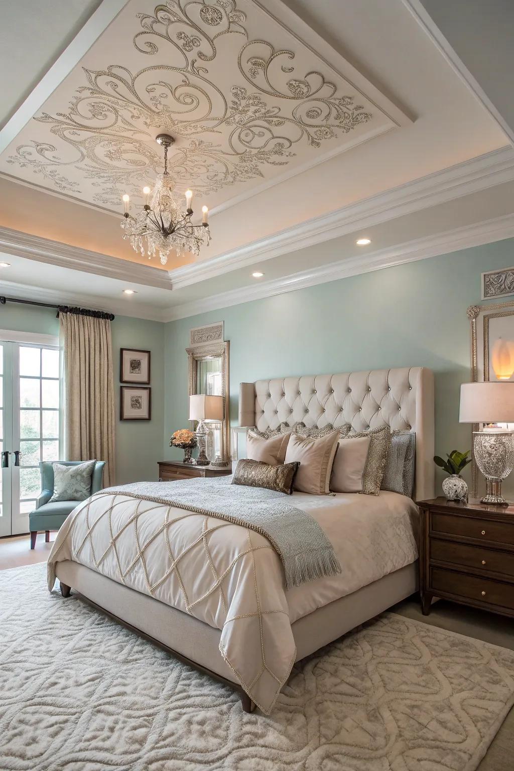 Graduated tray ceilings augment the perception of depth and elegance within the area.
