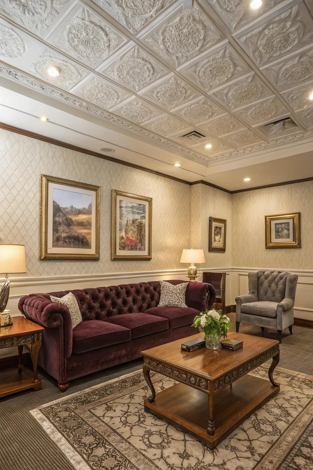 A room featuring detailed ceiling boards adding sophistication.