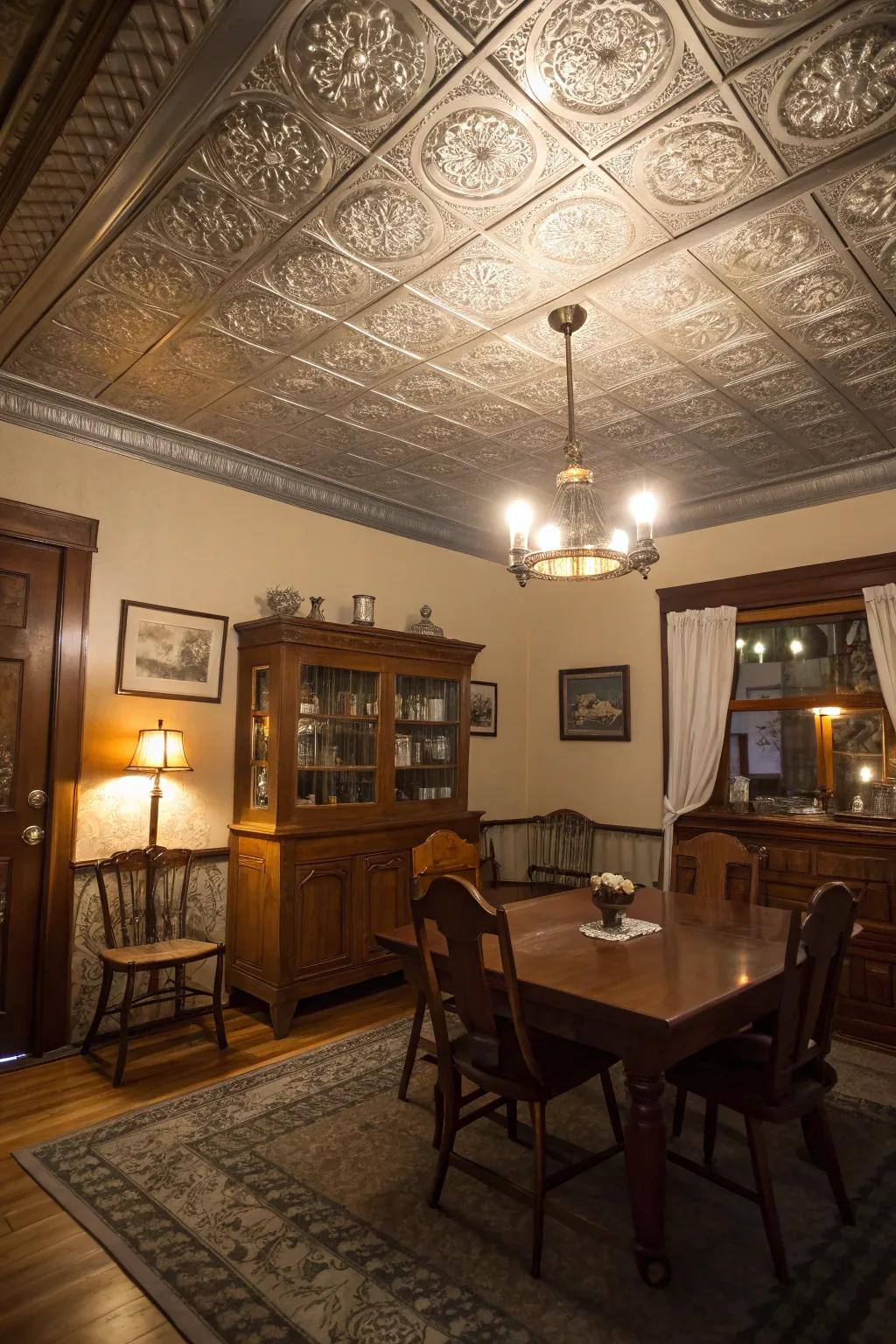 Tin tiles infuse ceilings with vintage glamour.